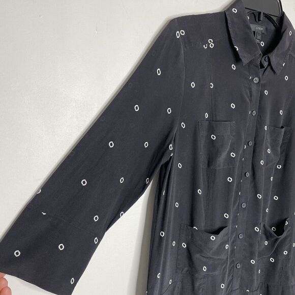 J.CREW Shirt Dress Womens Small 100% Silk Black Print Drop Waist Collared Button - Picture 3 of 11